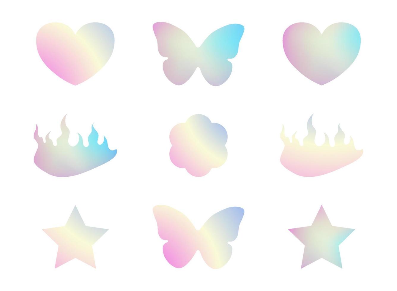 y2k trendy gradient sticker set, butterfly, star, heart, 90s and 2000s style, nostalgia, glamorous, vector illustration