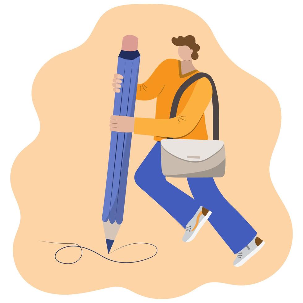 joven Rizado hombre con estudiantes bolso dibujo grande lápiz en piso. linda gracioso aislado personaje en un plano estilo. dibujo, escribiendo, diseño, blogging vector