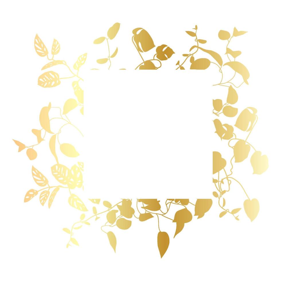 Trendy gold tropical leaves of different creepers with square of white sheet. Card with exotic leaves frame of lians. vector