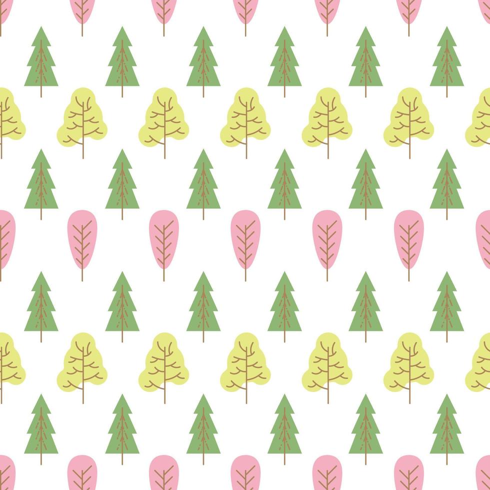 Seamless pattern with colored trees on white background. Vector illustration.