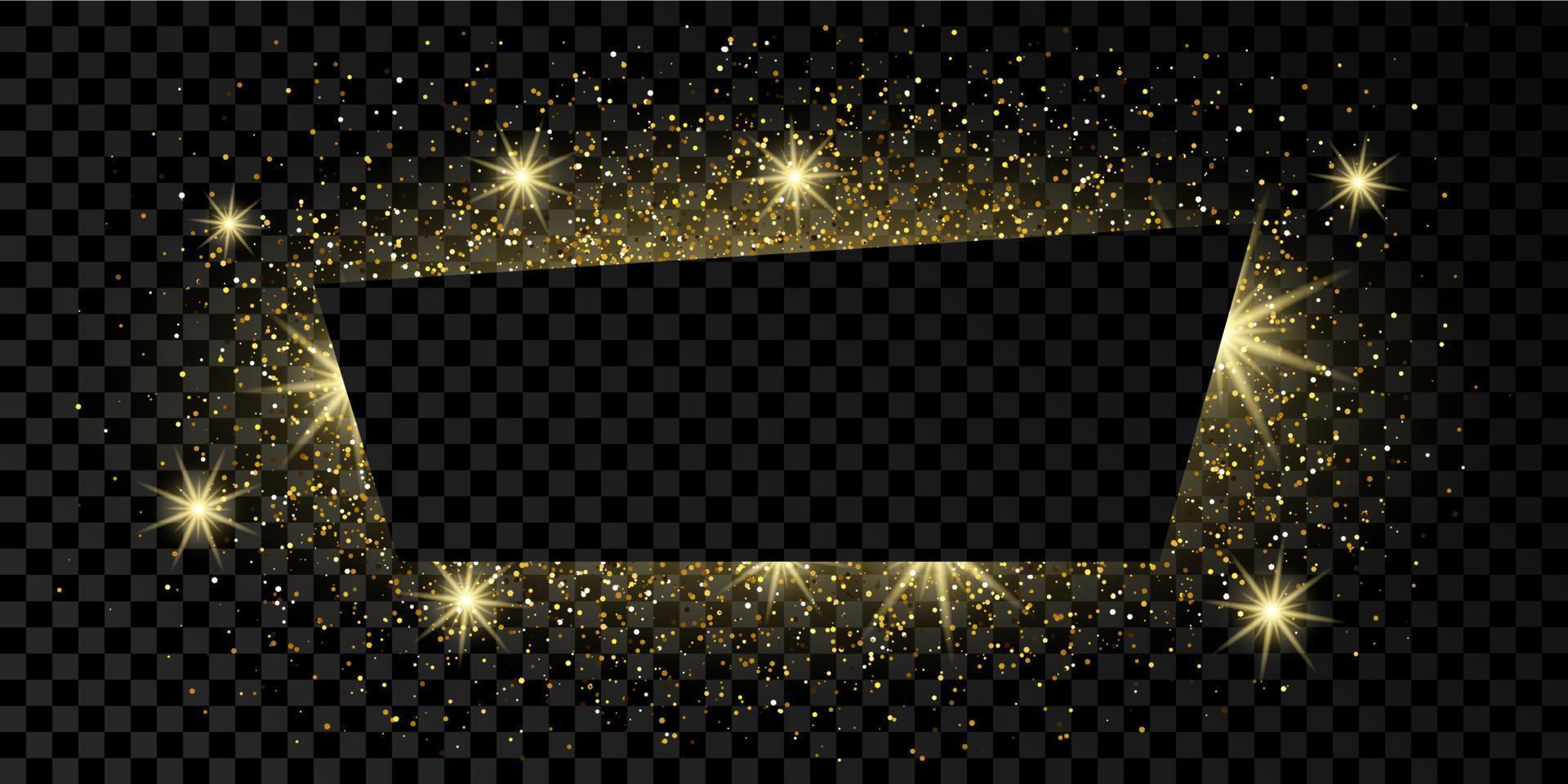 Golden trapezium frame with glitter, sparkles and flares on dark vector