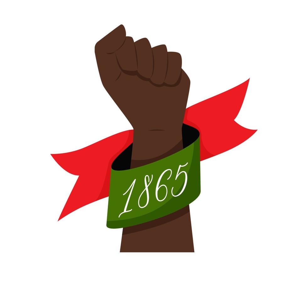 Clenched fist, raised hand. A ribbon with the date 1865. A symbol of the National African American Independence Day, Freedom Day, Juneteenth. Vector illustration isolated on a white background