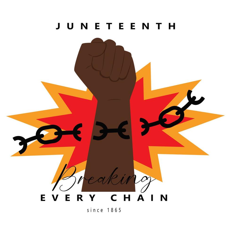 Juneteenth Freedom Day. A Clenched Fist Breaking Every Chain Since 1865. Typography Greeting Card. African American Holiday,National Independence Day. Vector Illustration Isolated On White Background