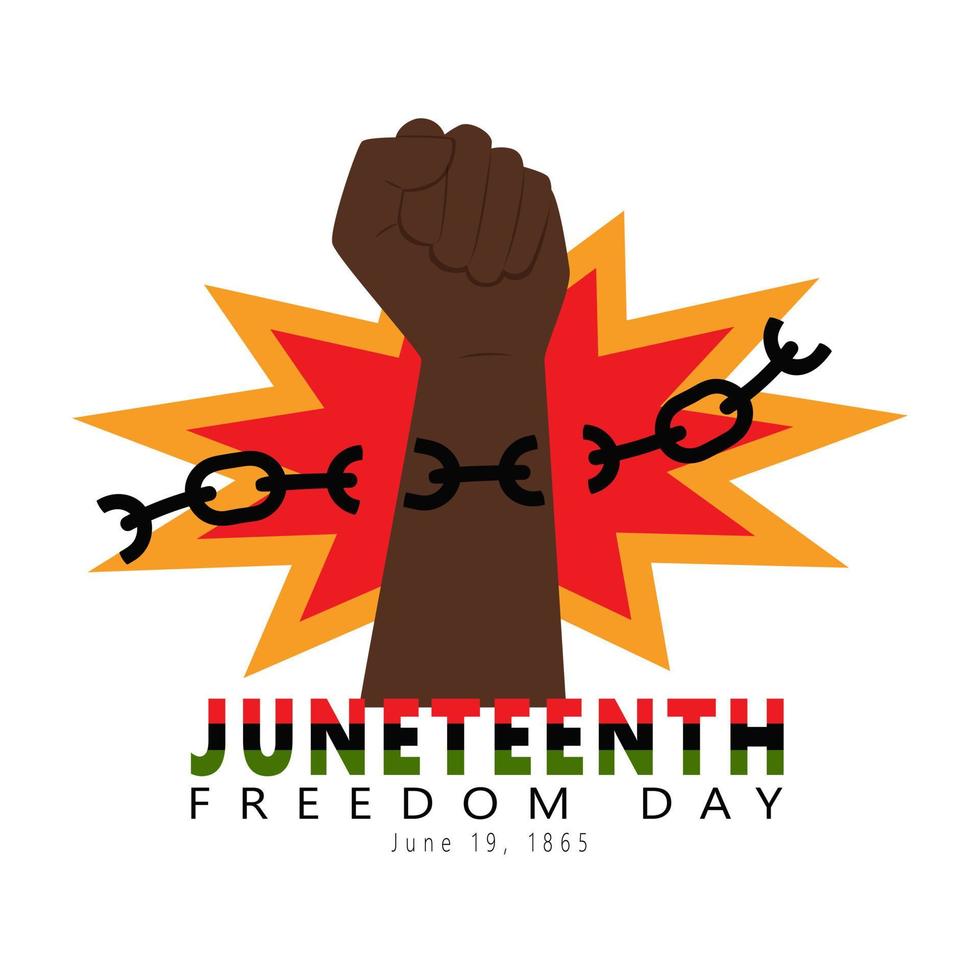 Juneteenth Freedom Day. A Clenched Fist Breaks The Chains. African American Holiday, National Independence Day. Vector Illustration Isolated On White Background.