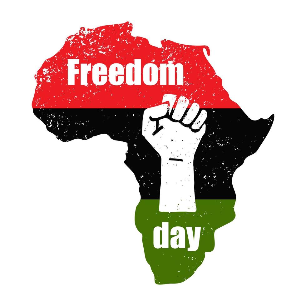 Textured Silhouette Of Africa In Colors Of The Black History Month Flag. A Clenched Fist Symbolizing Freedom Day and African American Independence Day. Vector Illustration Isolated On White