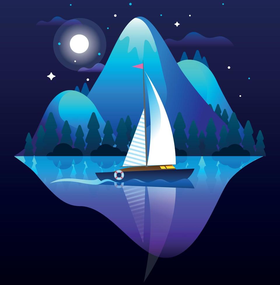 Illustration of a sailboat sailing past the mountains on the river vector