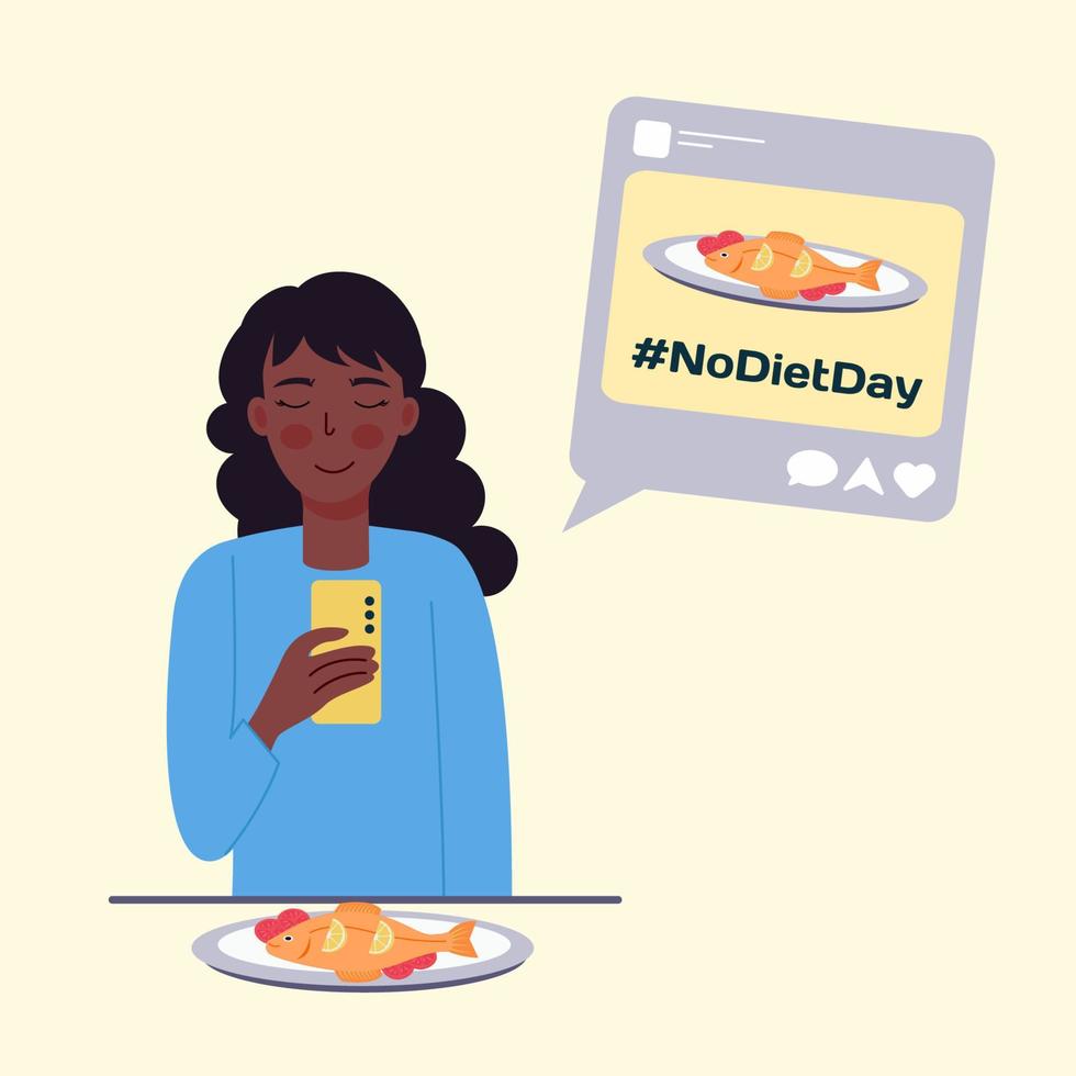 un afroamericano mujer toma fotos de comida y publicaciones ellos en línea con el hashtag No dieta día vector