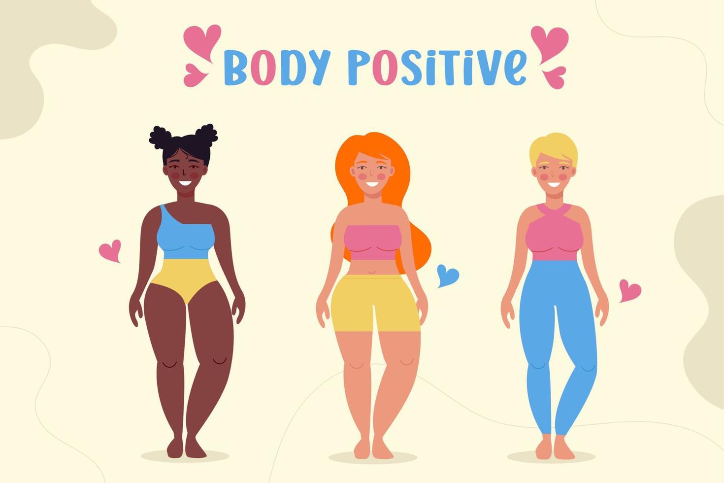 Different women by nationality and body composition. Body positive background vector