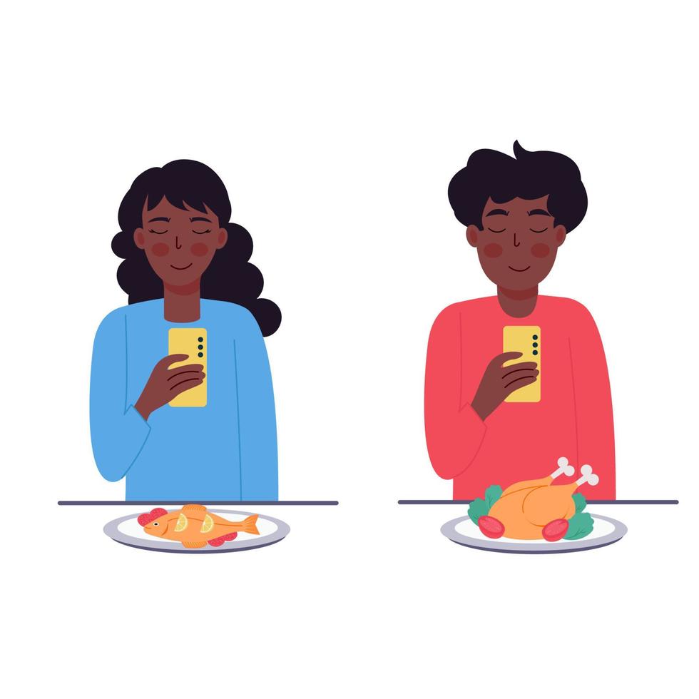 afroamericano hombre y mujer tomando fotos de comida vector