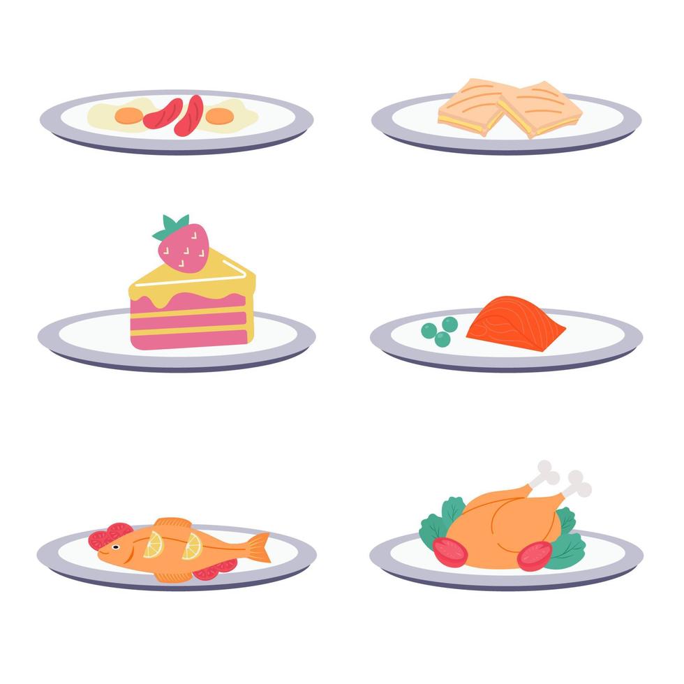 Side view of a collection of different food on a plate. Chicken, fish, sausages, egg, cake, toast vector