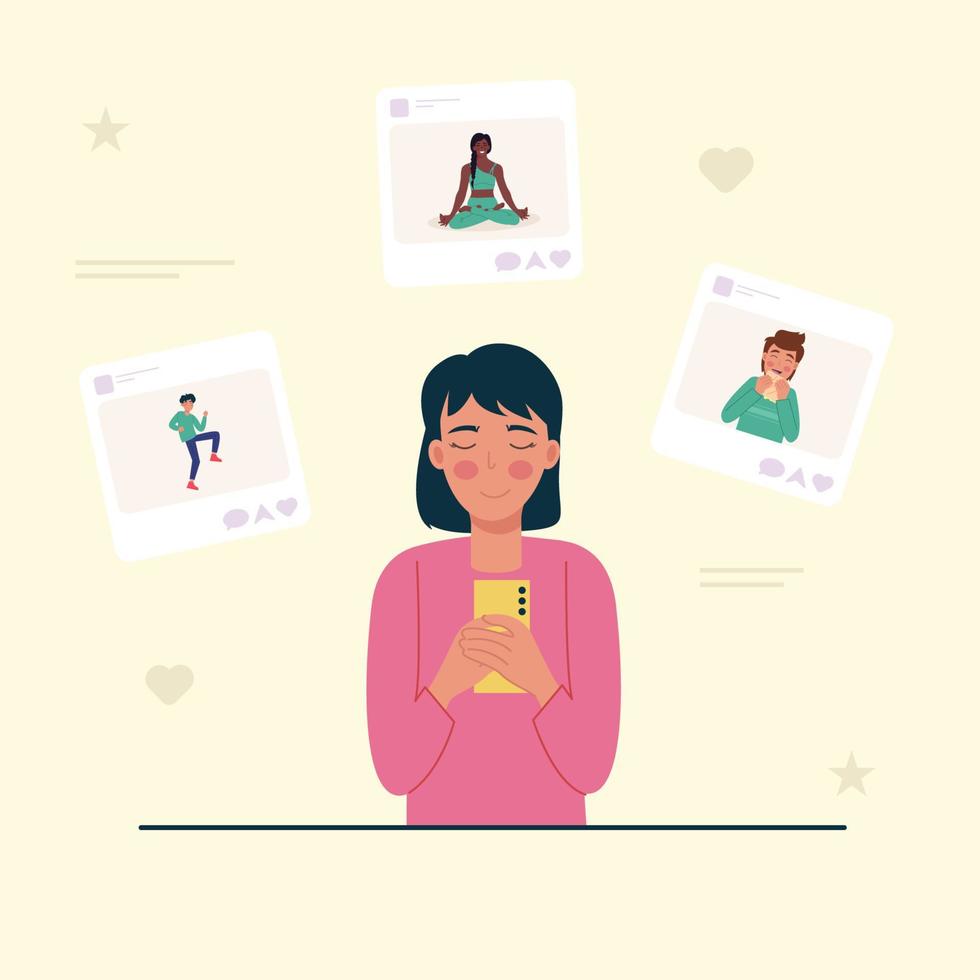 Woman browsing social media in flat style vector
