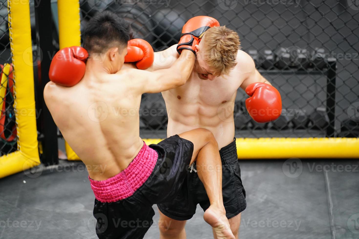 Muay Thai, The martial art of Thailand, The power of a knee into the opponent's abdomen causing the opponent to have colic, tightness in the stomach and lose by knockout. photo