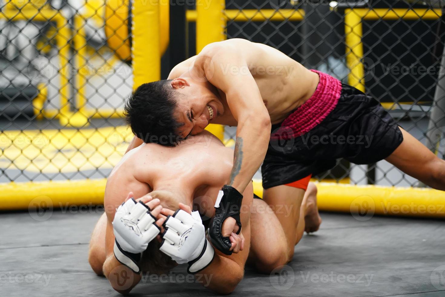 Mixed Martial Art, When the opponent is knocked down throwing fists into an opponent's face or body will cause the opponent to raise his hand to defend and not counterattack photo