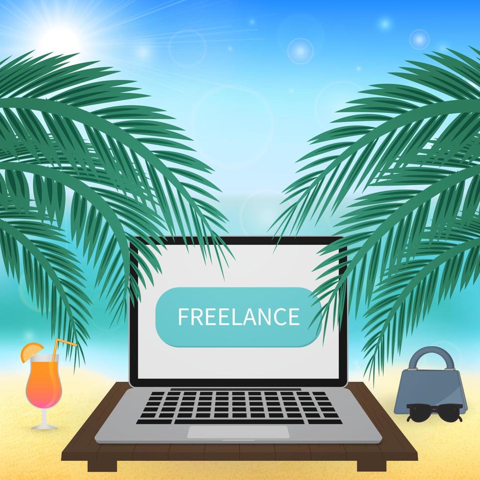 Laptop and glass of cocktail on tropical beach. Freelance work vector illustration.