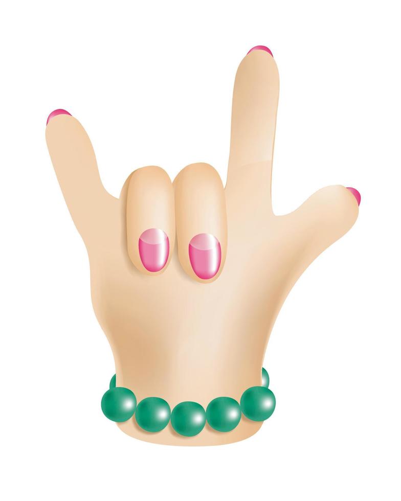 3D female hand with manicure and bracelet. Horns. Rock sign. vector