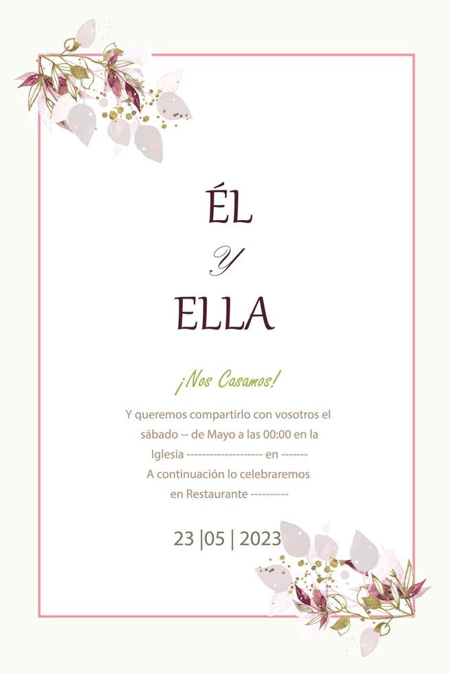 rectangular wedding invitation with outline and pretty flowers on the sides vector