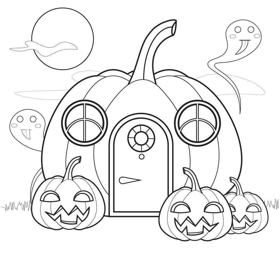 Pumpkin Cartoon House Halloween Coloring Page Children Activity vector