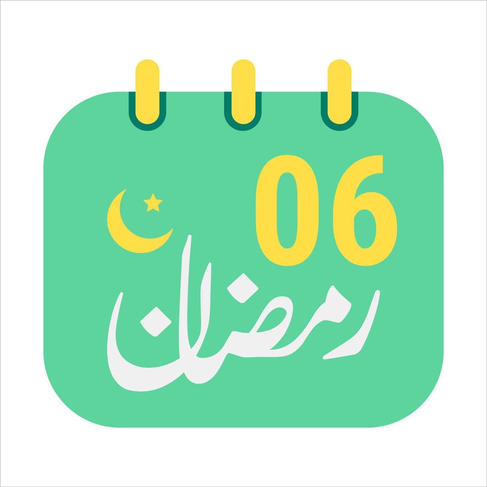 6th Ramadan Icons Elegant Green Calendar with Golden Crescent Moon. English Text. and Arabic Calligraphy. vector