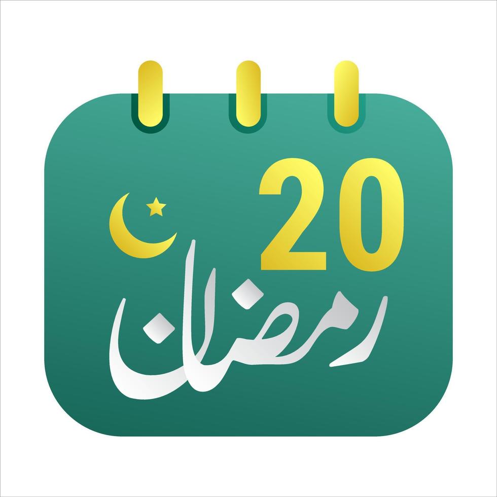 20th Ramadan Icons Elegant Green Calendar with Golden Crescent Moon. English Text. and Arabic Calligraphy. vector