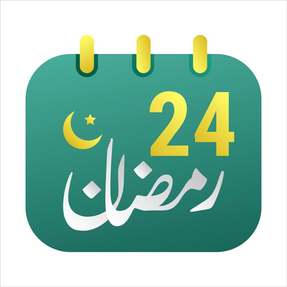 24th Ramadan Icons Elegant Green Calendar with Golden Crescent Moon. English Text. and Arabic Calligraphy. vector
