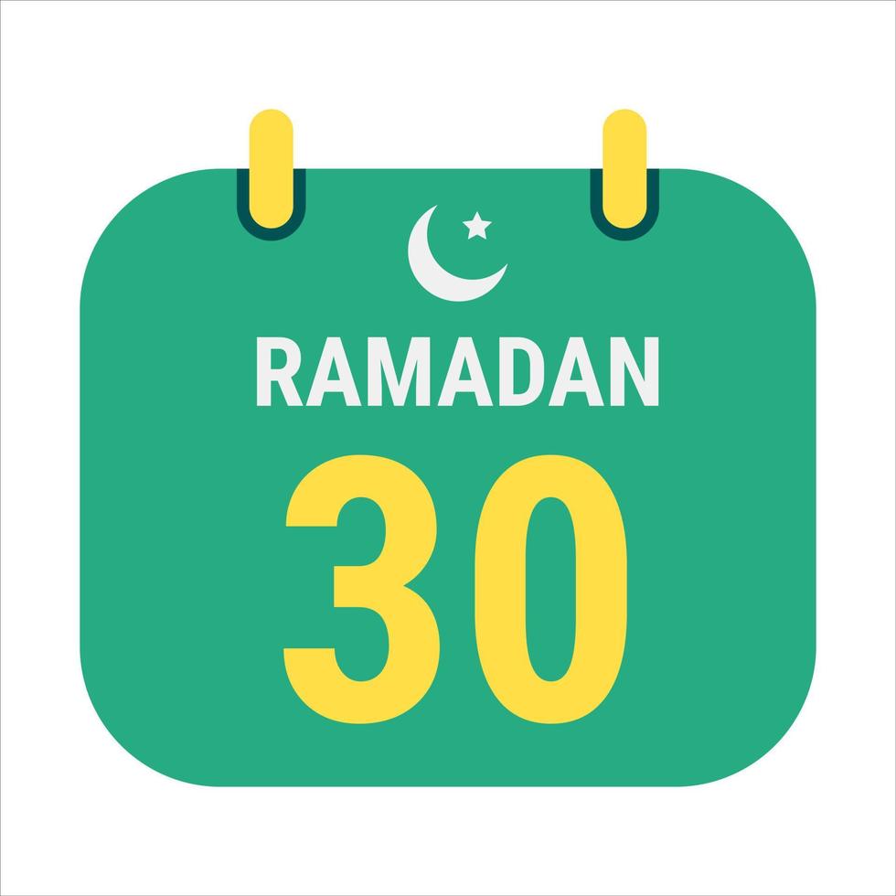 30th Ramadan Celebrate with White and Golden Crescent Moons. and English Ramadan Text. vector