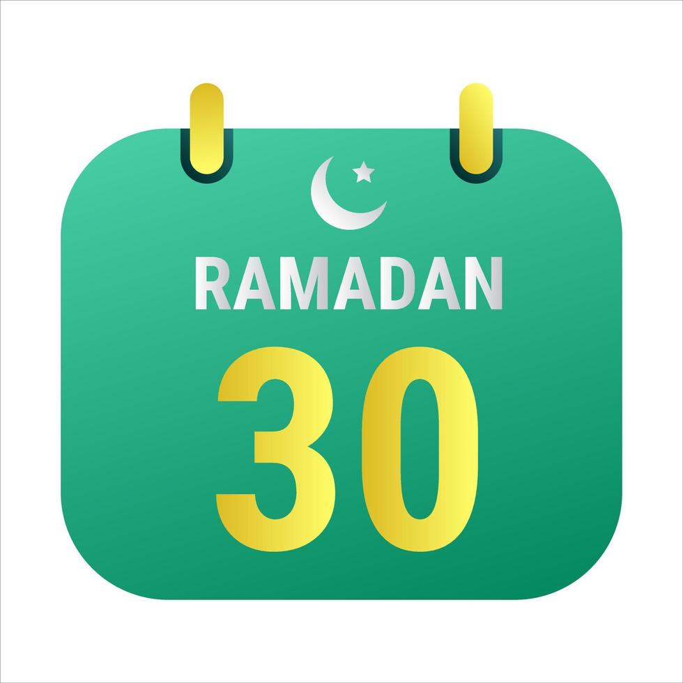 30th Ramadan Celebrate with White and Golden Crescent Moons. and English Ramadan Text. vector