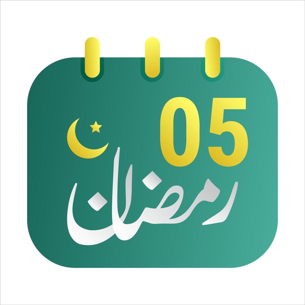 5th Ramadan Icons Elegant Green Calendar with Golden Crescent Moon. English Text. and Arabic Calligraphy. vector