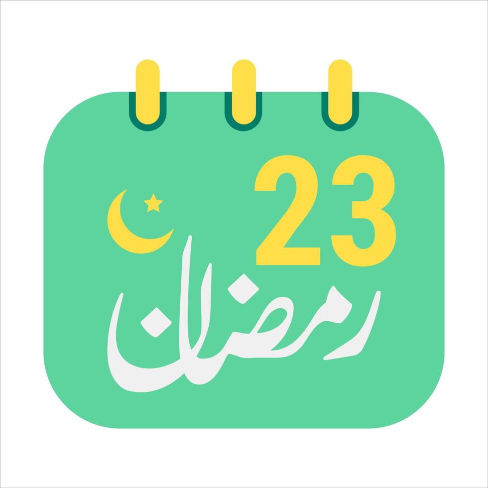 23rd Ramadan Icons Elegant Green Calendar with Golden Crescent Moon. English Text. and Arabic Calligraphy. vector