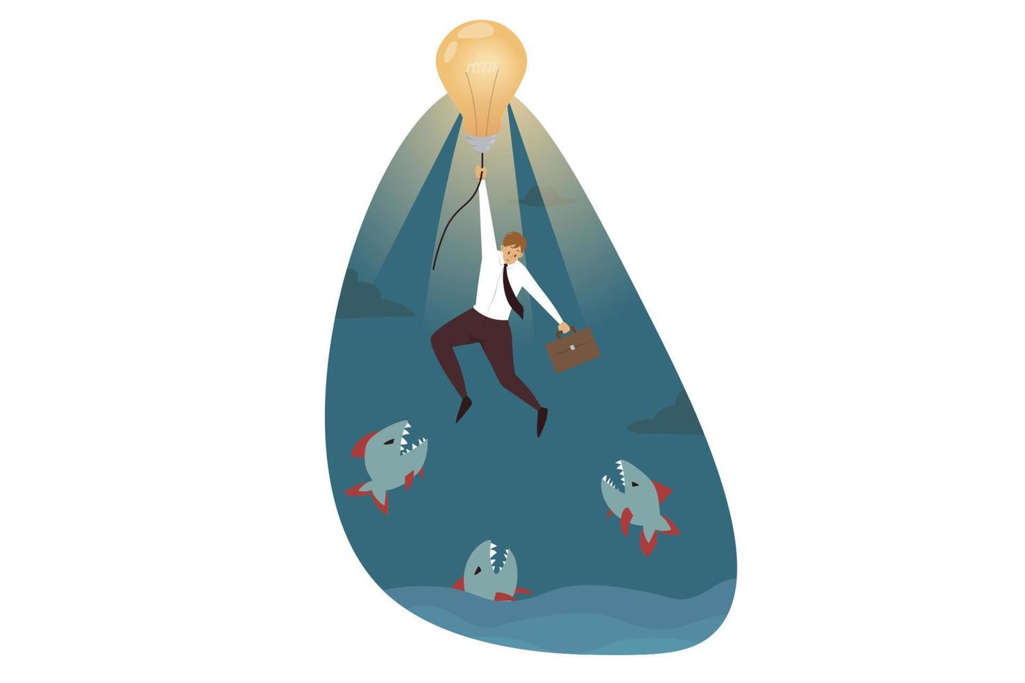 Business idea, danger, rescue concept. Scared terrified businessman clerk manager cartoon character saving from fish piranha predators holding light bulb. Escaping from trouble problem illustration. vector