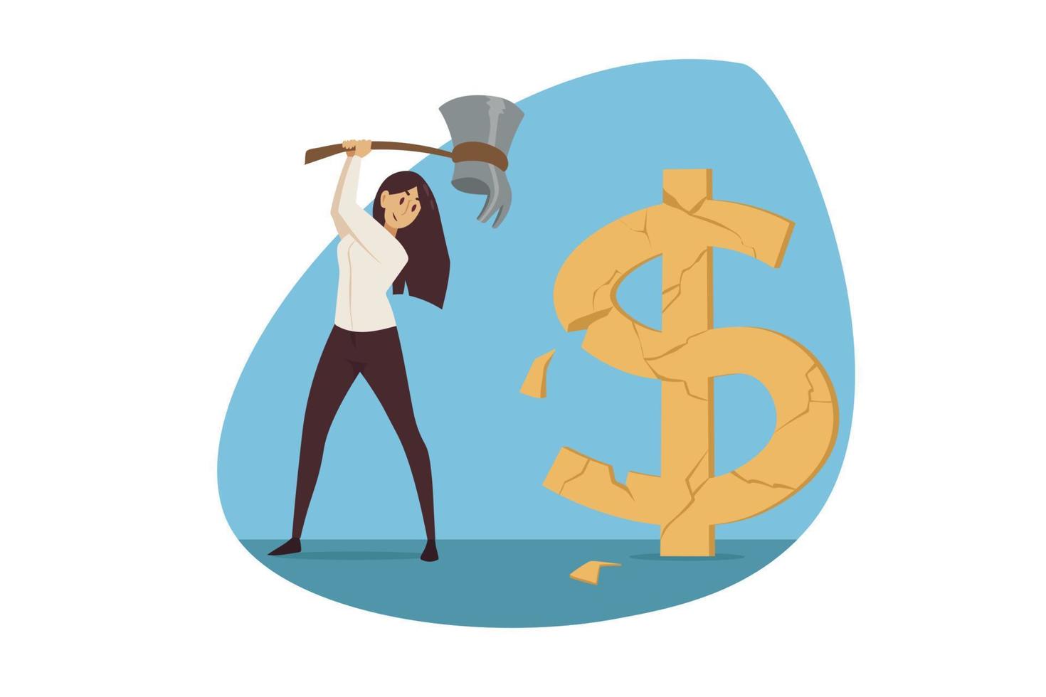 Investment, business, mining concept. Businesswoman manager worker entrepreneur lumberjack chopping big golden dollar sign. Cryptocurrency earning and digital finance internet commerce illustration. vector