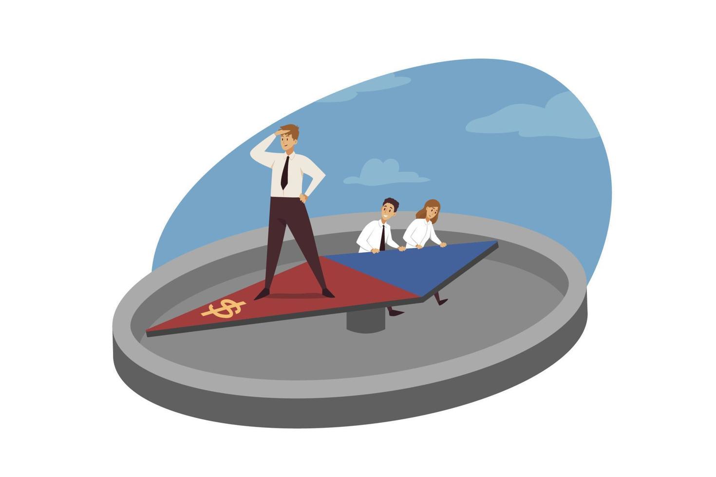 Planning strategy direction, business, leadership concept. Team of businessmen clerks employye moving compass with man leader standing on. Male manager boss looking at north direction to goal target. vector