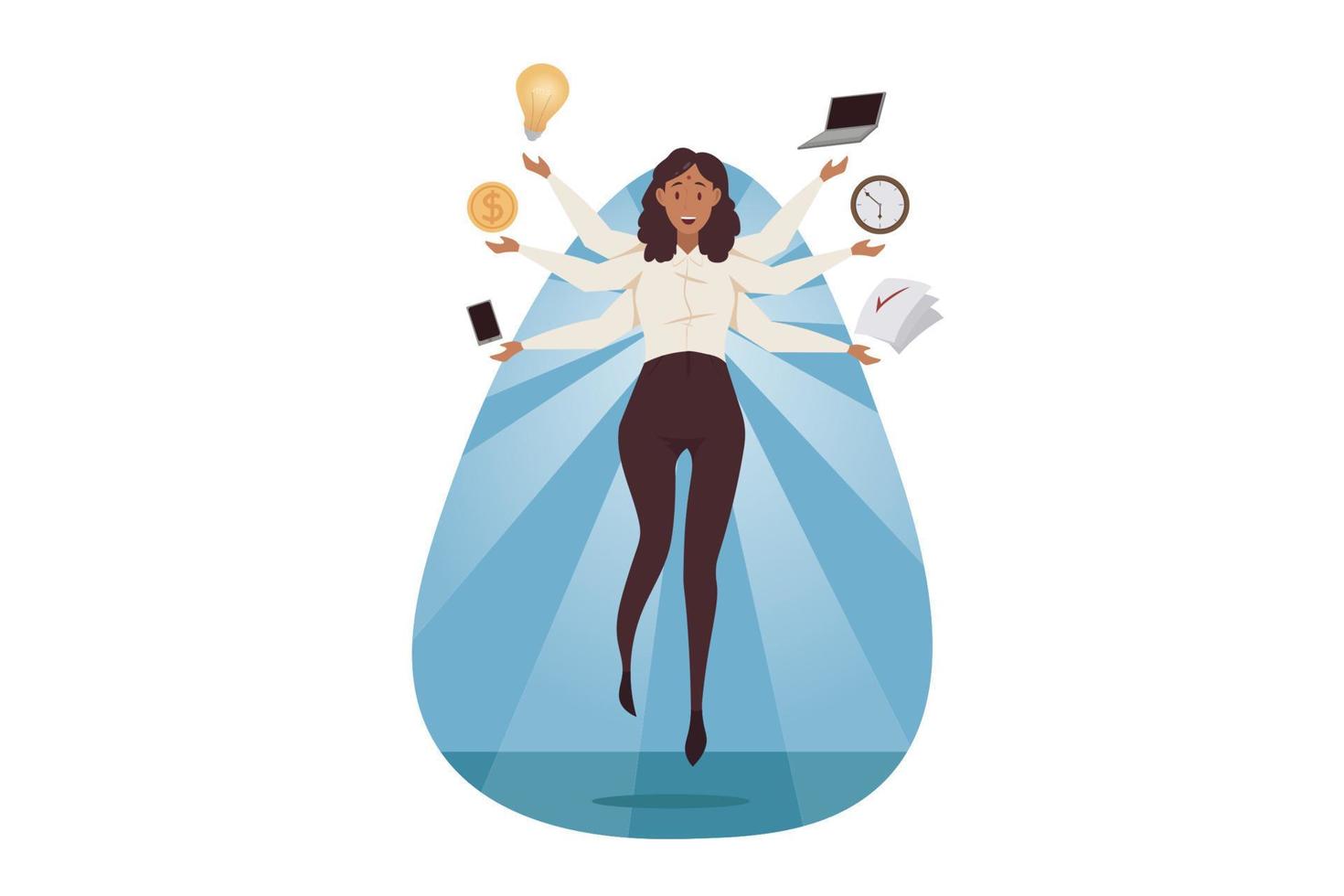 Multitasking, business efficiency, overload concept. Young confident effective overloaded afrcian amercian businesswoman manager leader standing with many hands. Professional competence illustration. vector