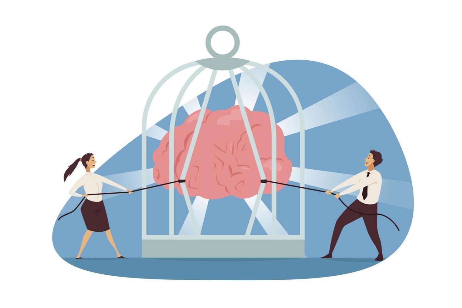 Business, coopreative teamwork, brainstorming concept. Team of young businessman woman clerks managers cartoon characters breaking cage togehter with brain inside. Corporate collaboration illustration vector