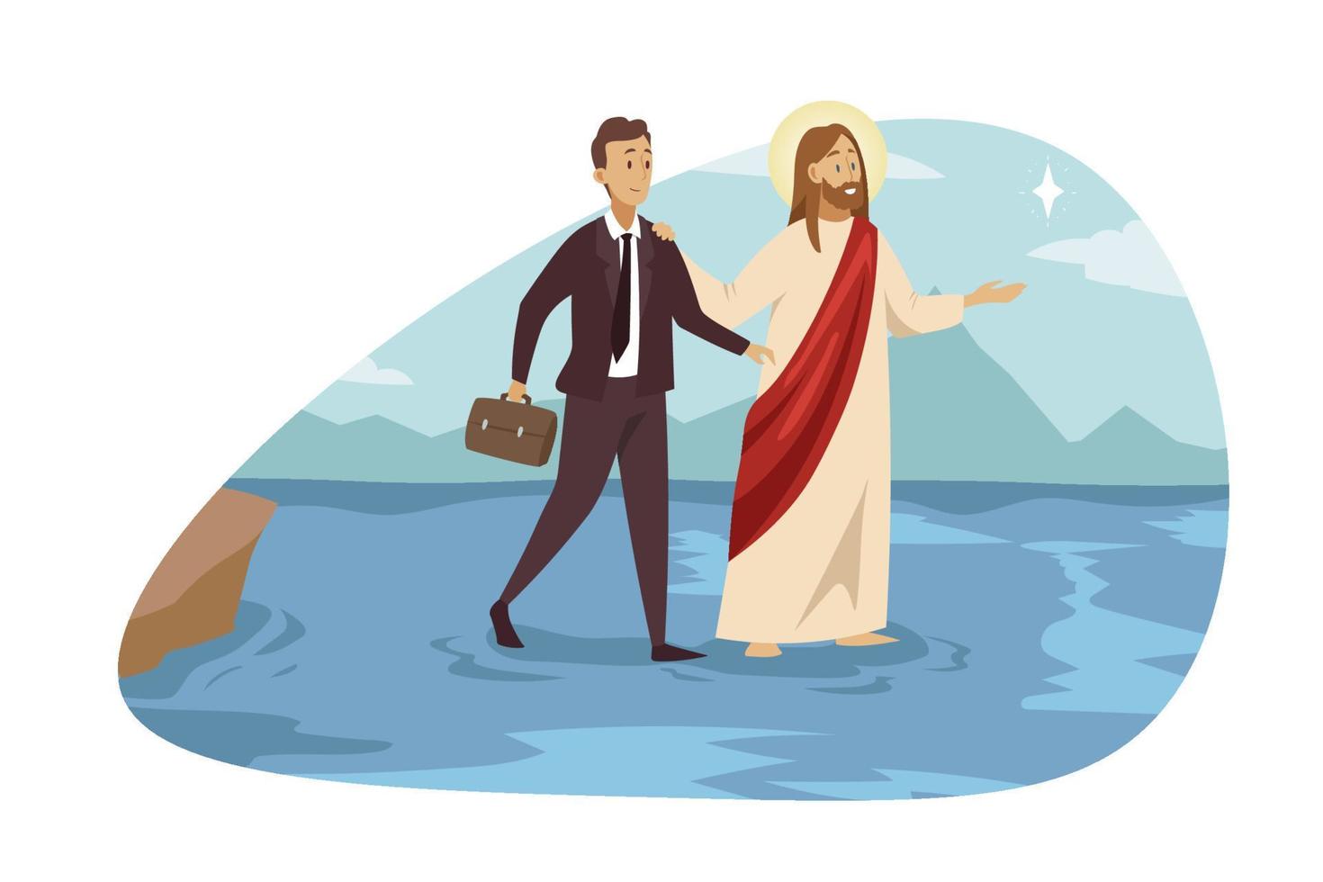 Support, christianity, business success concept. Jesus Christ religious biblical cartoon character son of God leading young happy businessman walking on water. Heaven blessing help goal achievement. vector