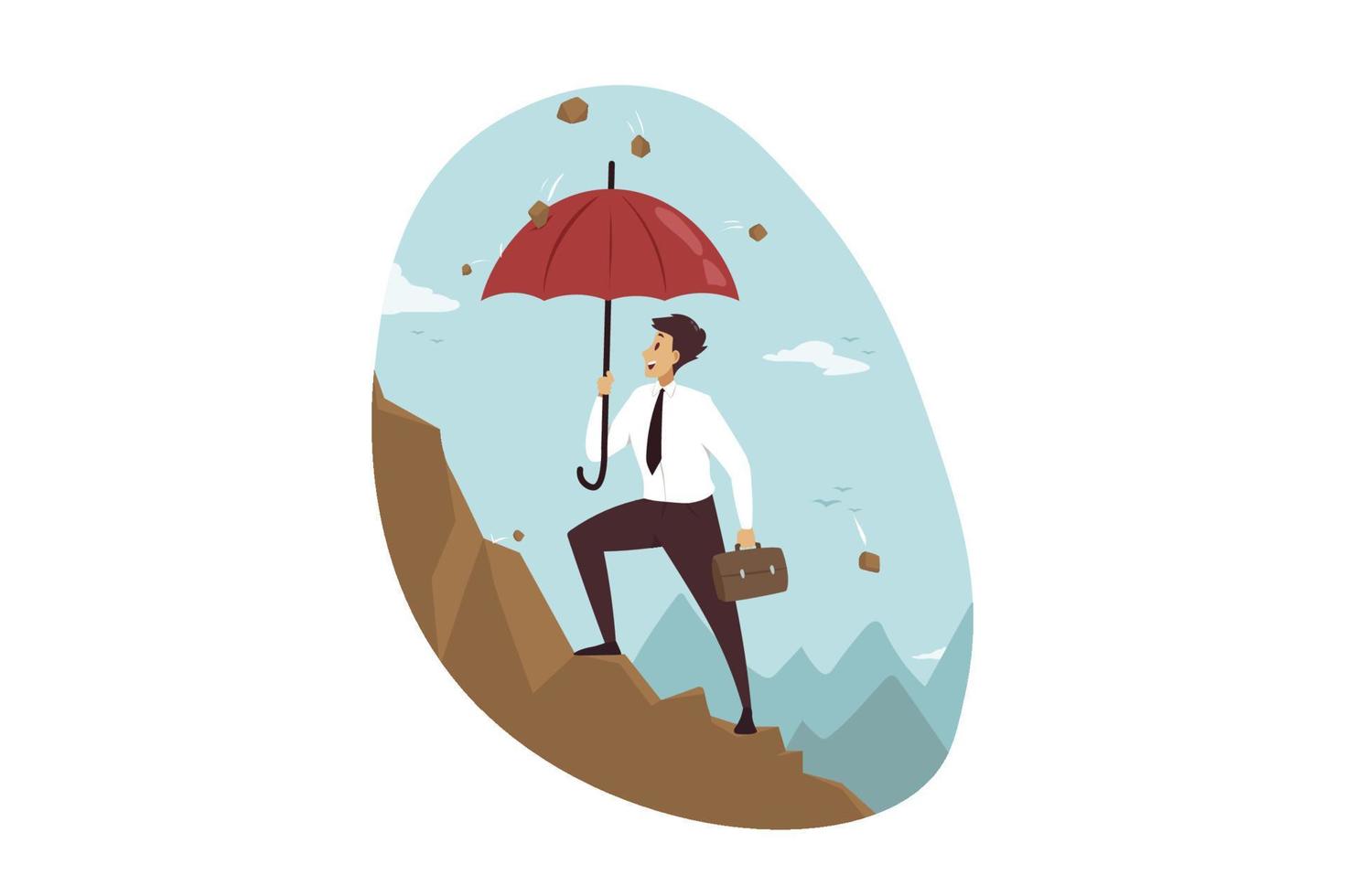Protection, goal achievement, success, business concept. Businessman boss clerk manager leader character climbing mountaing covering umbrella from rockfall. Persistence aspiration of reaching success. vector