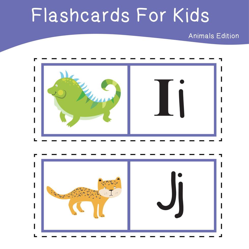 Animal alphabet flashcard. Educational printable flashcard. Vector illustrations.