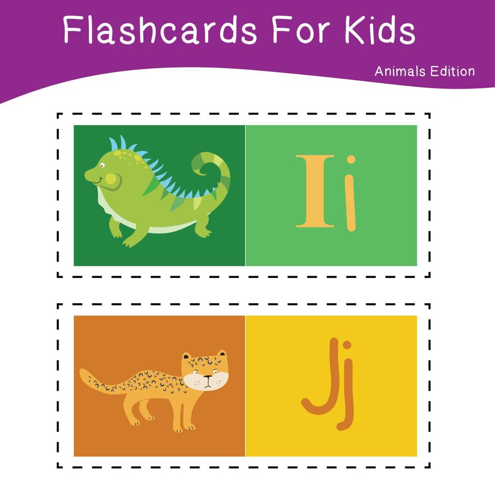 Animal alphabet flashcard. Educational printable flashcard. Vector illustrations.