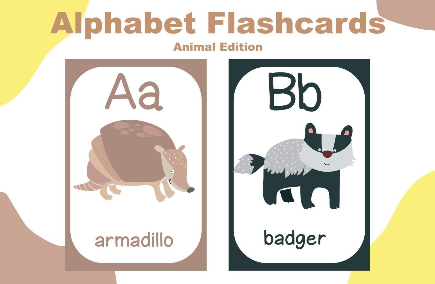 Animal alphabet flashcard. Educational printable flashcard. Vector illustrations.