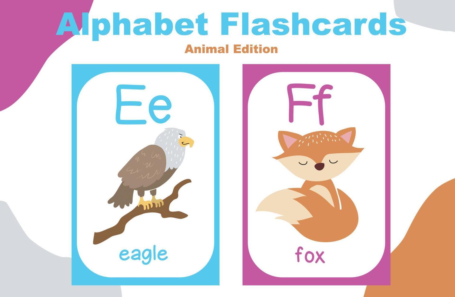 Animal alphabet flashcard. Educational printable flashcard. Vector illustrations.