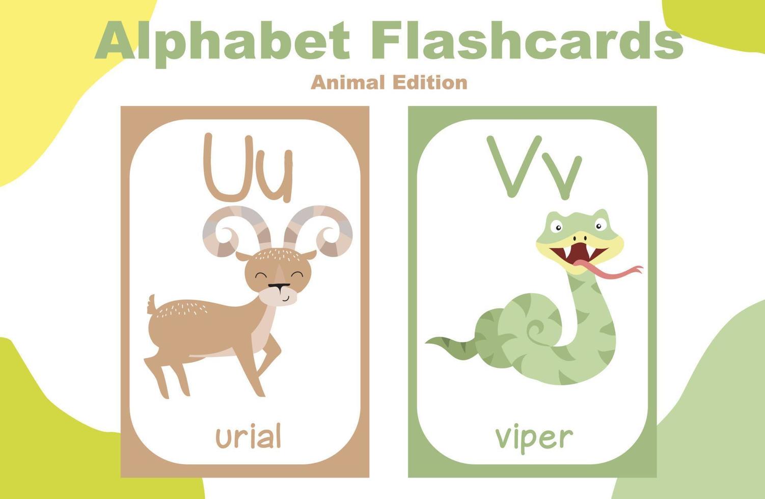 Animal alphabet flashcard. Educational printable flashcard. Vector illustrations.