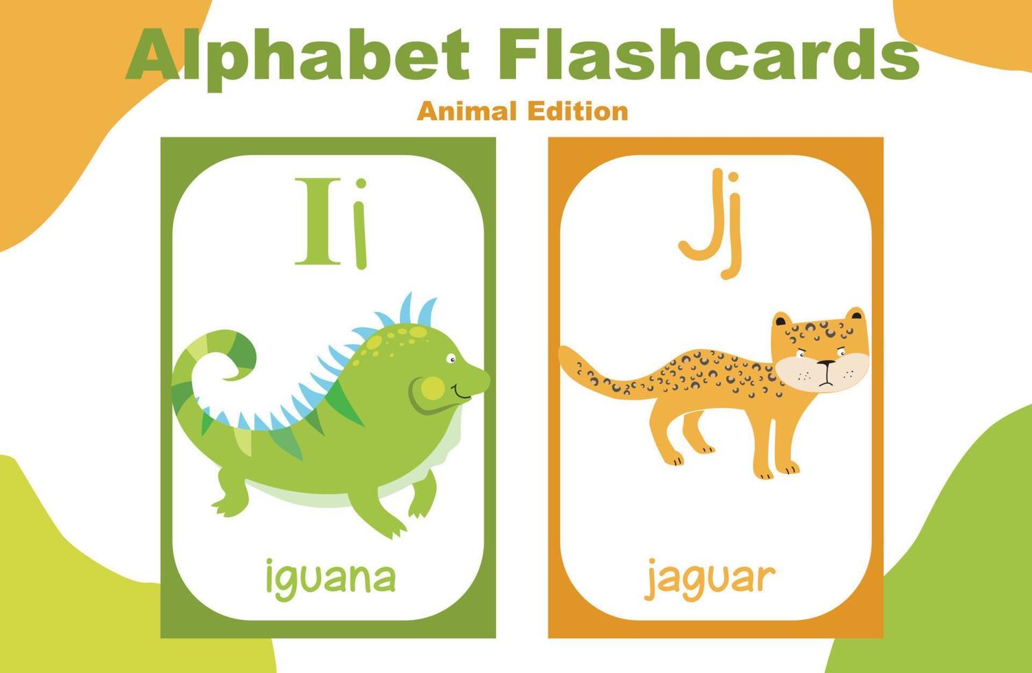 Animal alphabet flashcard. Educational printable flashcard. Vector illustrations.