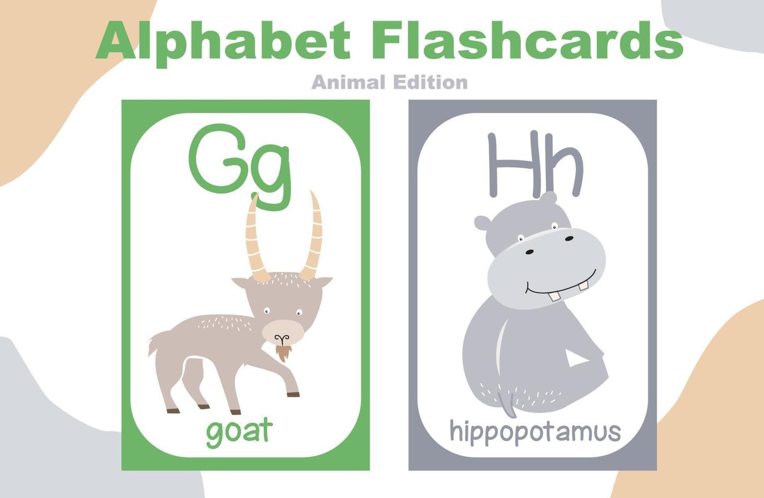 Animal alphabet flashcard. Educational printable flashcard. Vector illustrations.