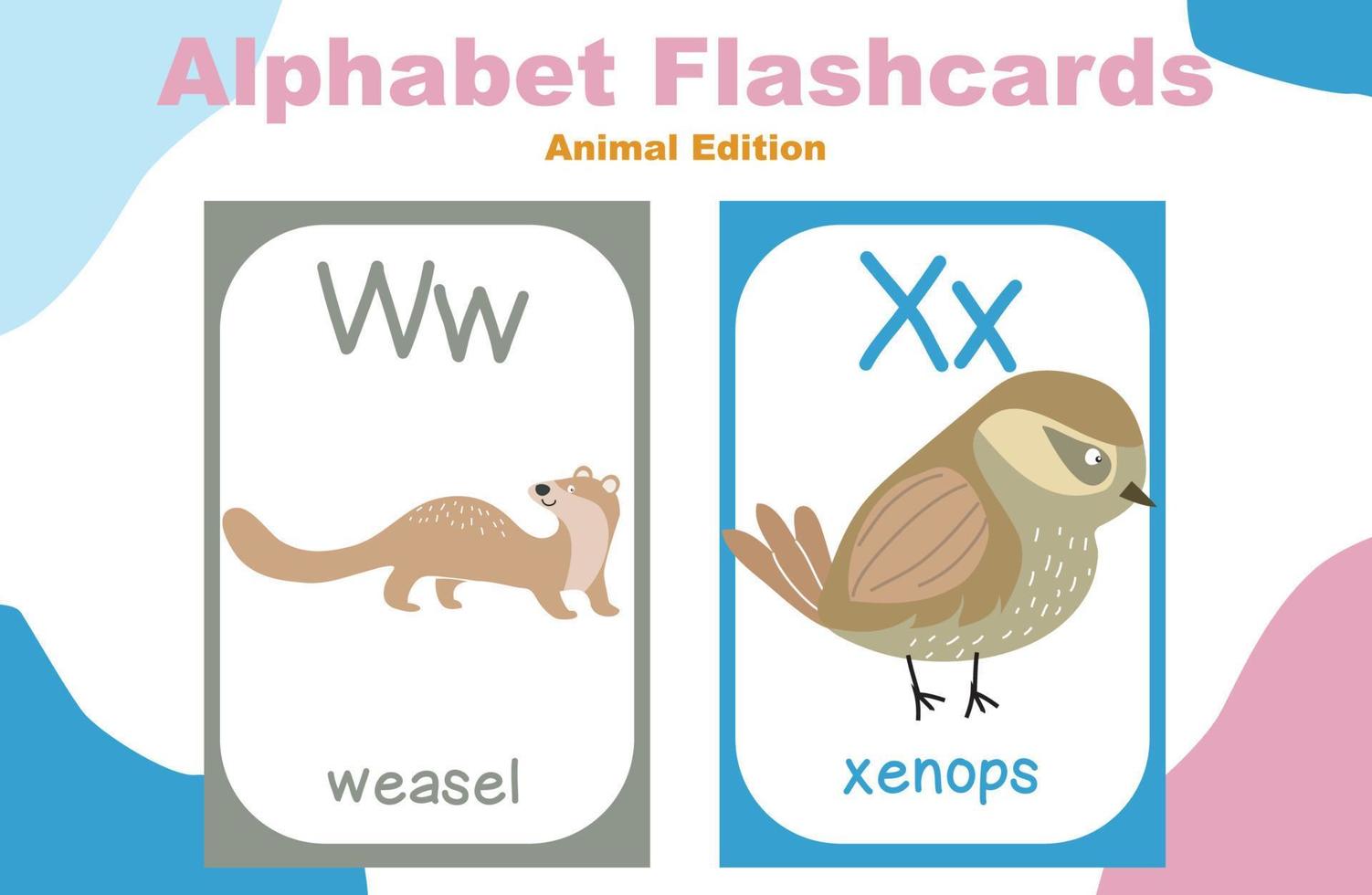 Animal alphabet flashcard. Educational printable flashcard. Vector illustrations.