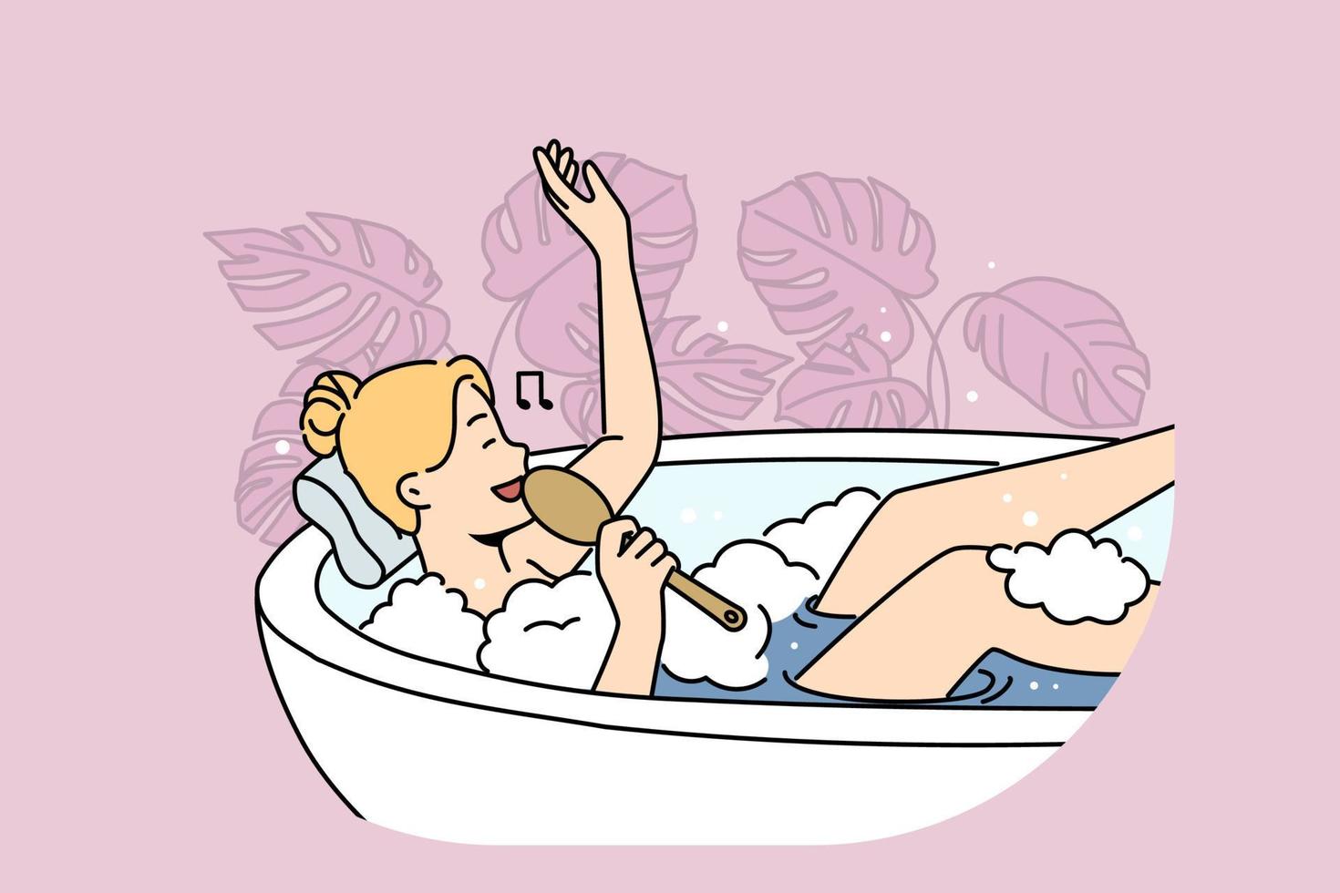Happy woman lying in bathtub relaxing singing with brush. Smiling girl rest in bath with bubbles enjoy spa day at home. Hygiene and wellness. Vector illustration.