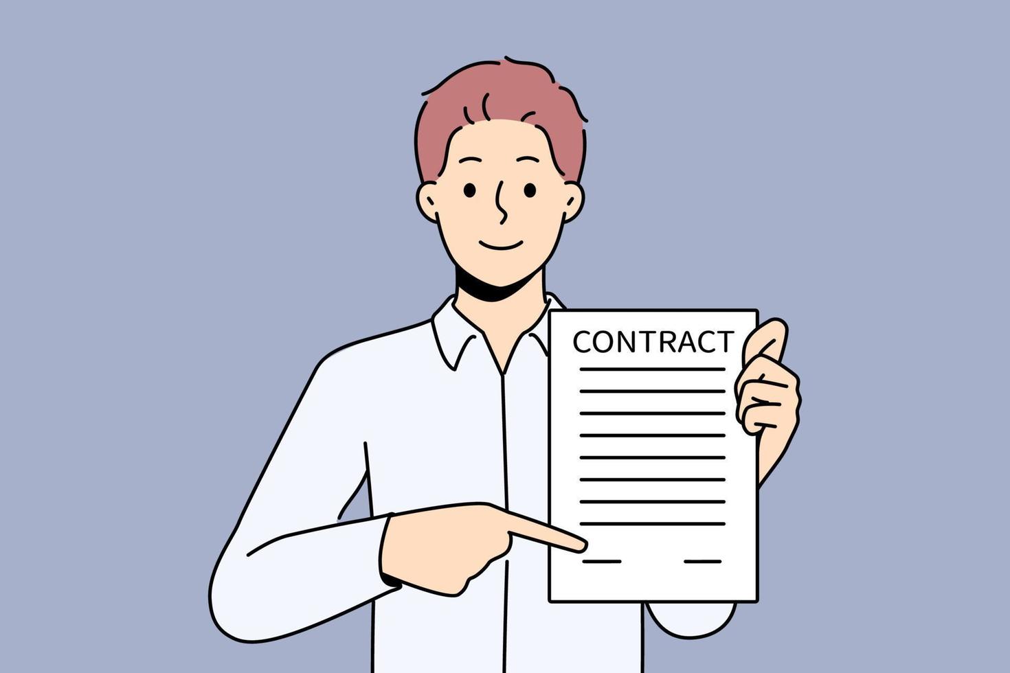 Smiling businessman show place for signature on contract. Happy male employer demonstrate space to sign legal agreement. Official document and employment. Vector illustration.