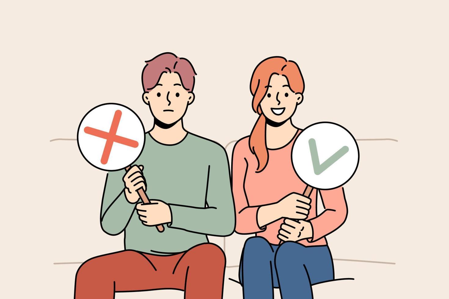 Pareja sentado en sofá demostración si y No señales. hombre y mujer sensación diferente emociones demostrar varios señales en manos. vector ilustración.