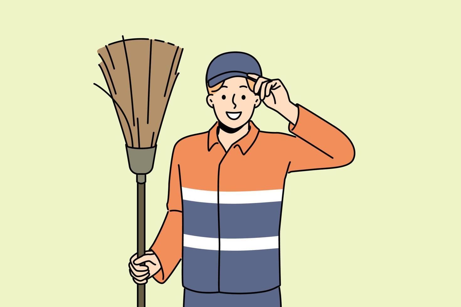 Smiling male janitor in uniform holding brush saluting. Happy man cleaner or swabber greeting with people. Occupation concept. Vector illustration.