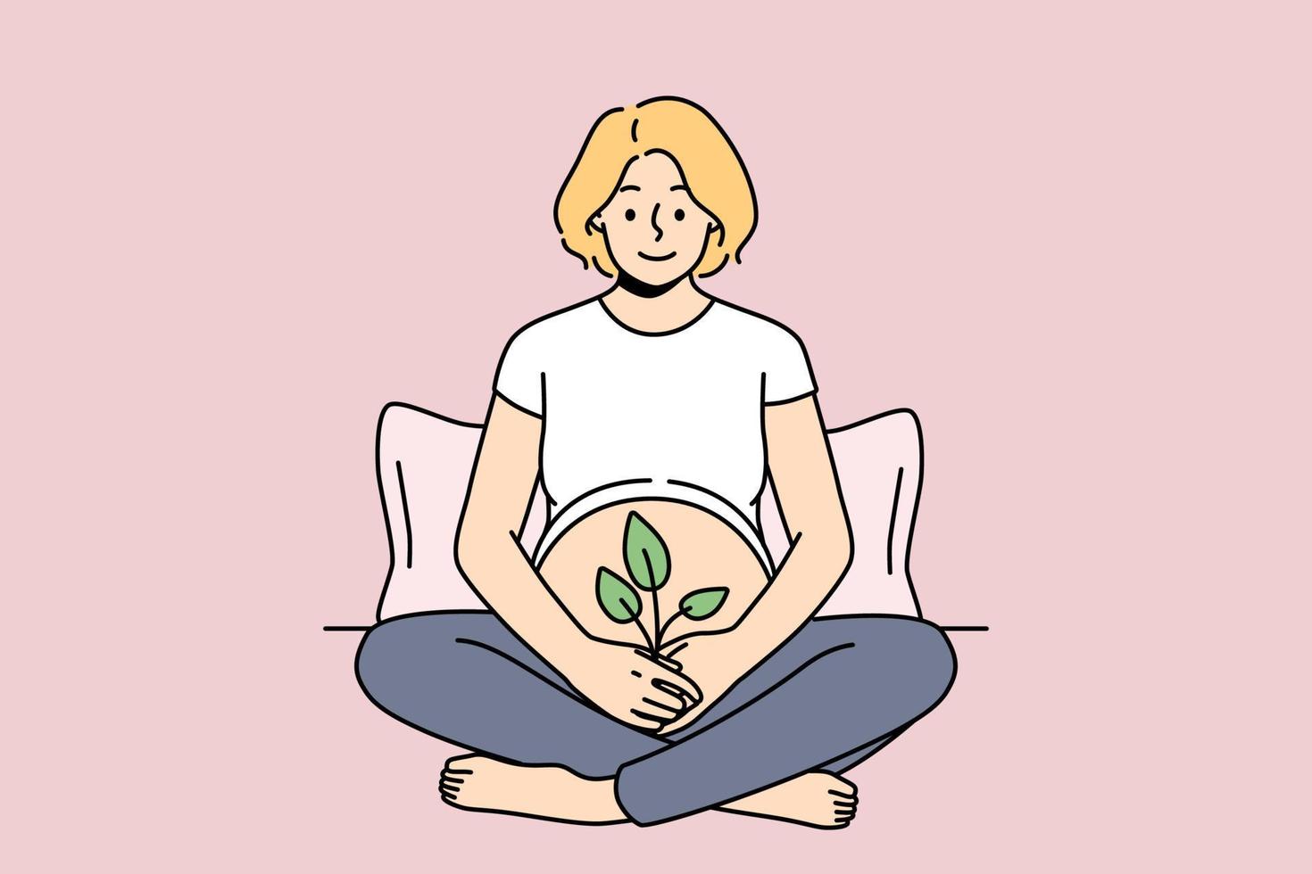 Smiling pregnant woman sit on bed hold green plant at belly. Happy future mother excited with motherhood. Concept of new life and fertility. Vector illustration.
