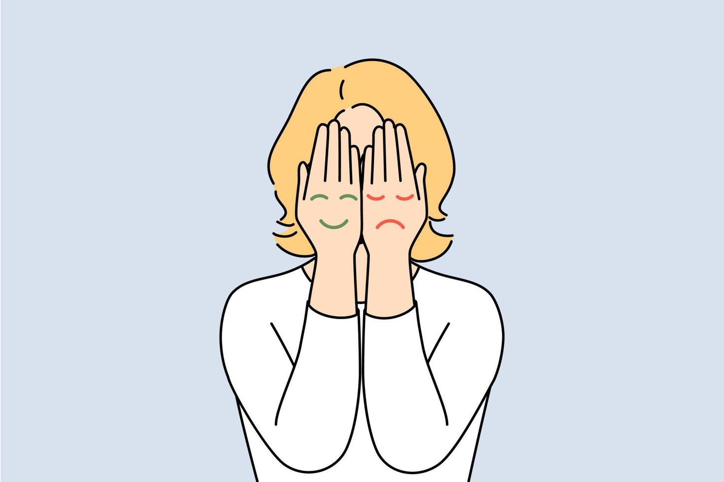 Woman cover face with hands with emojis of different mood states. Female suffer from bipolar disorder or mood swings. Psychological problem. Vector illustration.