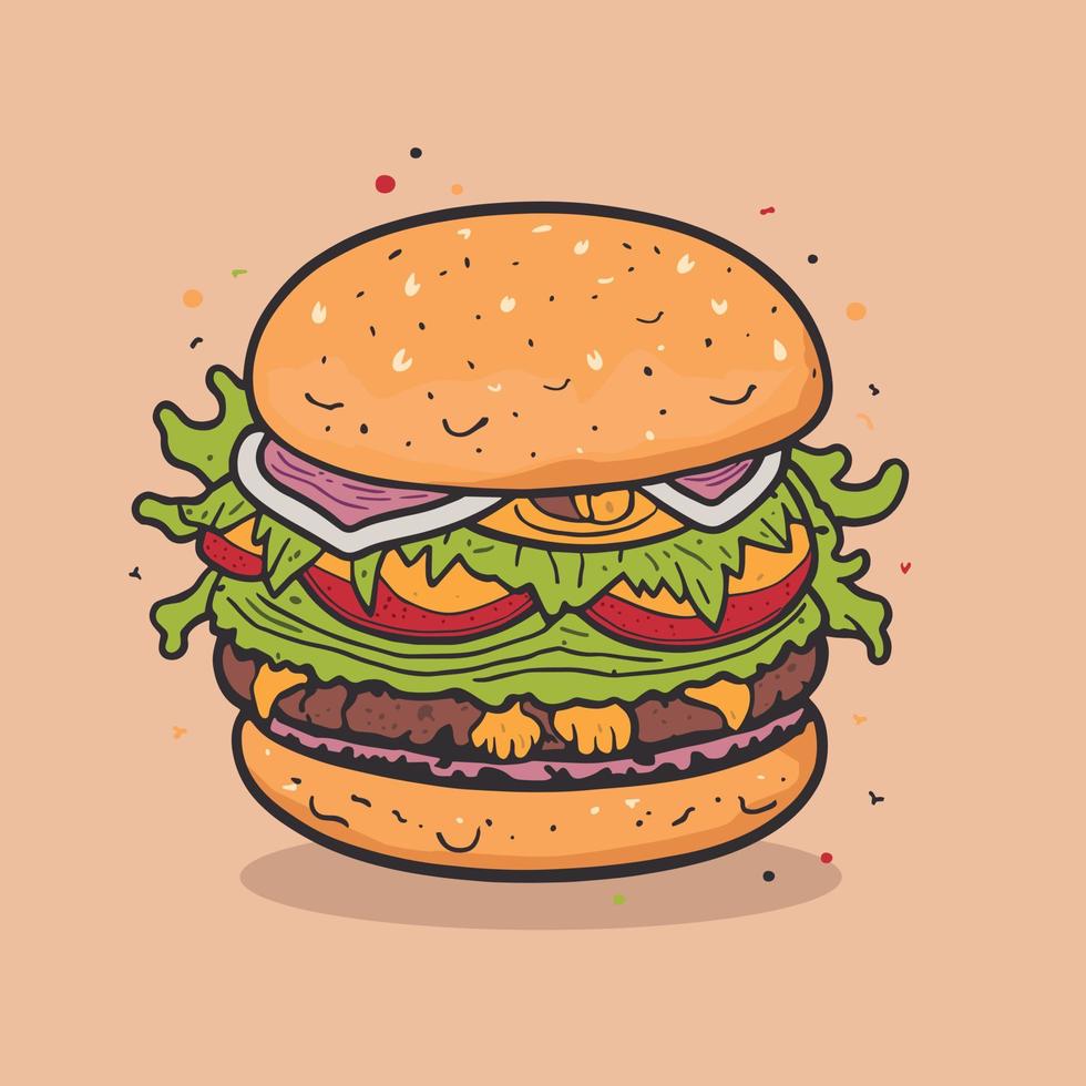 Hand drawn Double cheeseburger, Colorful Burger Vector illustration